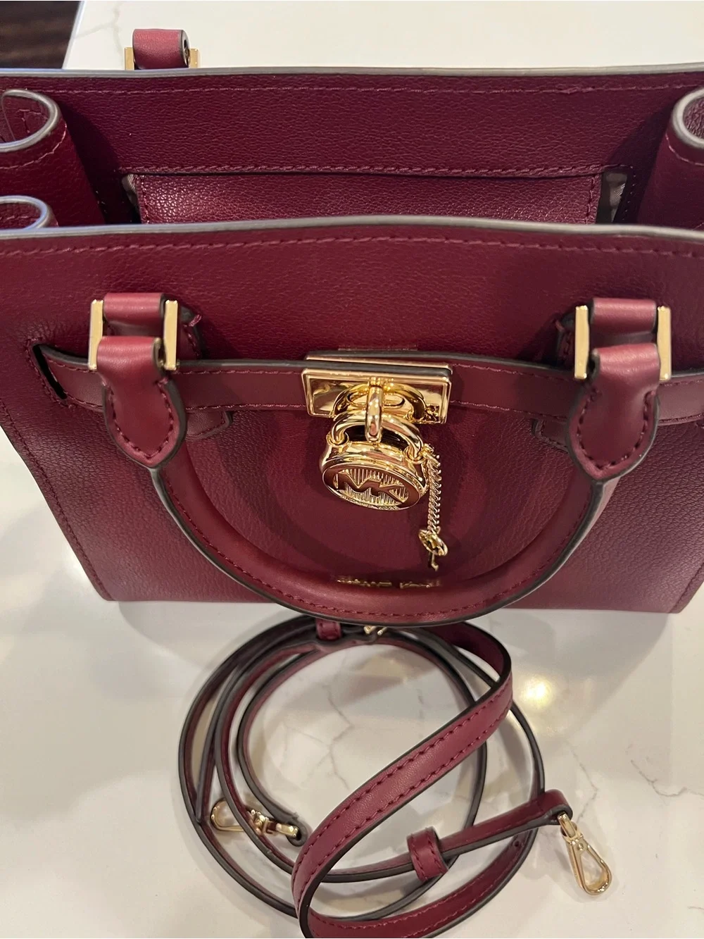 Michael Kors Wine Red Leather Satchel with Gold Hardware